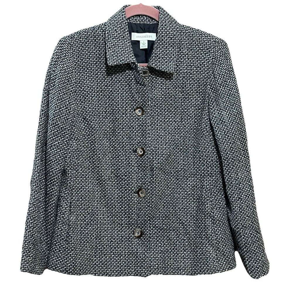 Appleseed's‎ Tweed Blazer Jacket Black/White/Green Women's 100% Silk Size 6